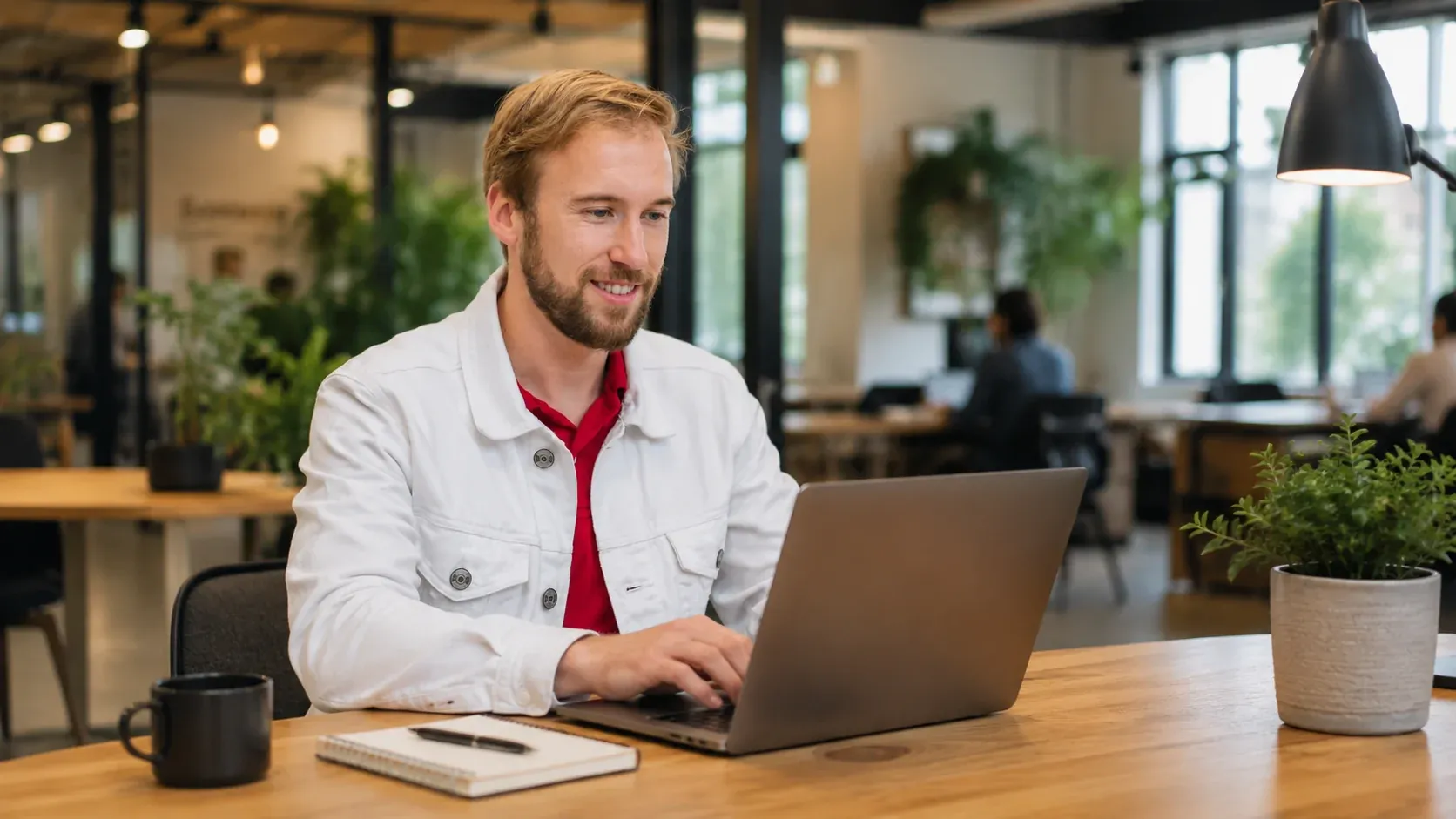 Werken aan de advertentie-accounts van een klant achter een laptop op een open kantoor