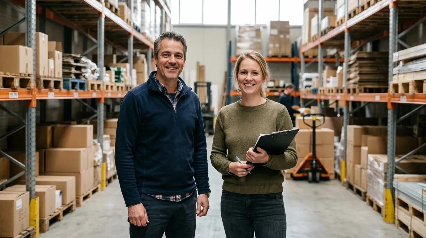 Twee ondernemers in het magazijn van hun mkb-bedrijf